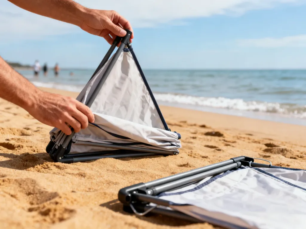 Dłonie składają prosty namiot plażowy na piasku przy spokojnym morzu, pokazując etap składania krok po kroku.